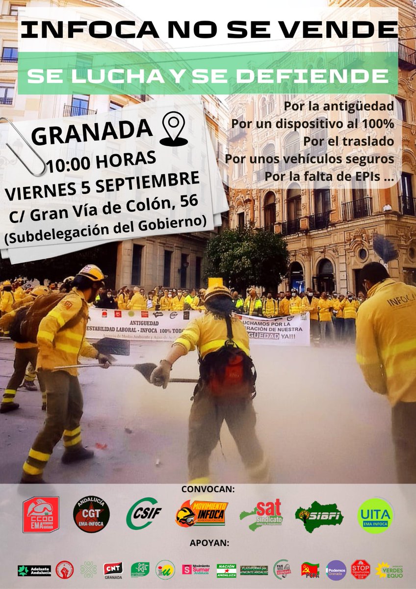 🚨🔥 ¡INFOCA NO SE VENDE, SE LUCHA Y SE DEFIENDE! 🔥🚨

El próximo 5 de Septiembre nos vemos en Gran Vía 56 (Subdelegación del gobierno) a las 10:00 h para defender nuestros derechos y exigir mejoras reales para quienes arriesgamos nuestra vida en cada incendio.