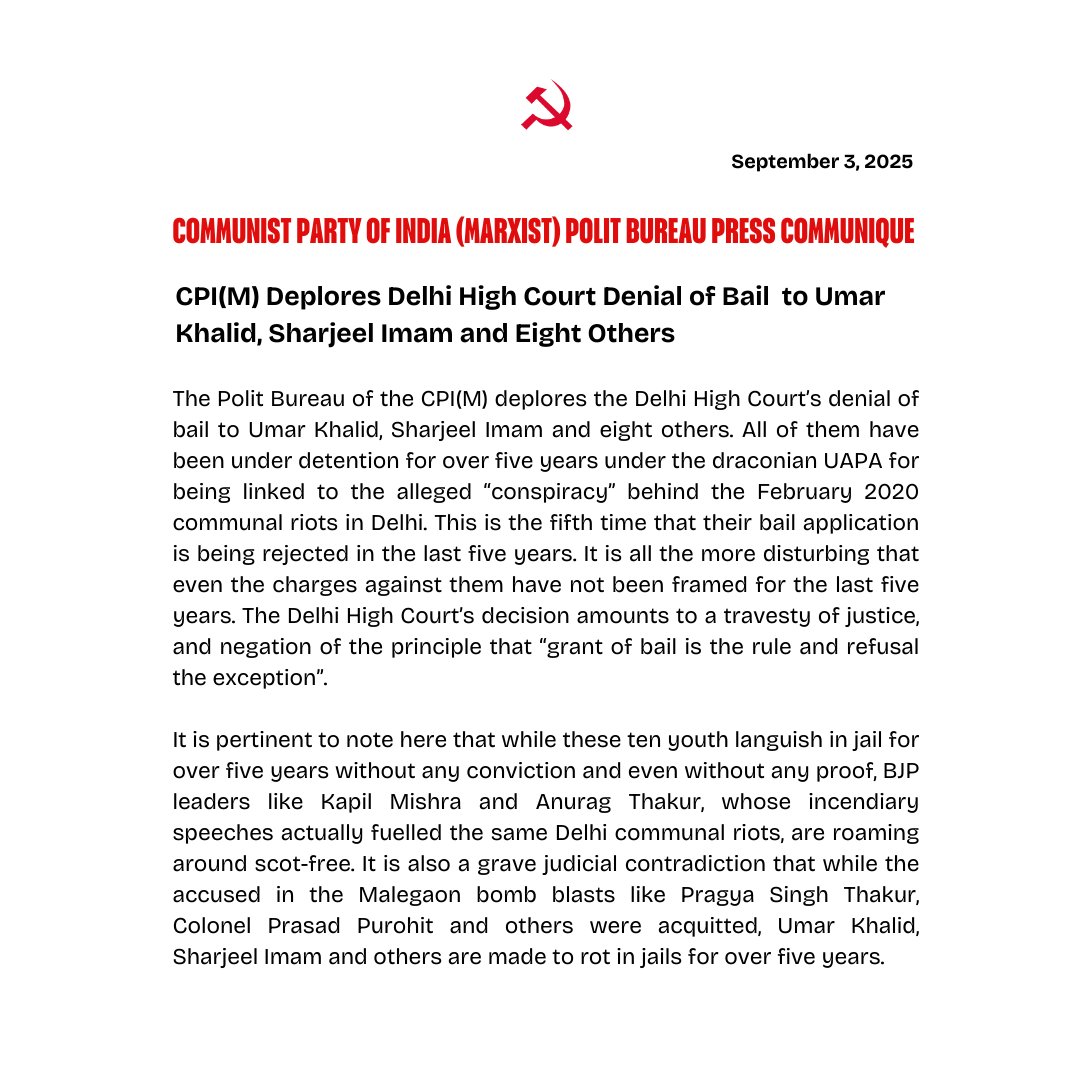 #CPIM Polit Bureau Deplores Delhi High Court Denial of Bail to #UmarKhalid, #SharjeelImam and Eight Others