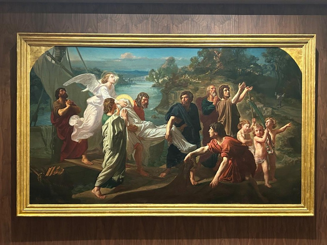 El cuadro "Traslación de los restos del Apóstol Santiago a la sede de Padrón" que se expone el Museo Catedral de Santiago, viaja estos días hacia Madrid, para formar parte de una exposición monográfica sobre Raimundo de Madrazo.