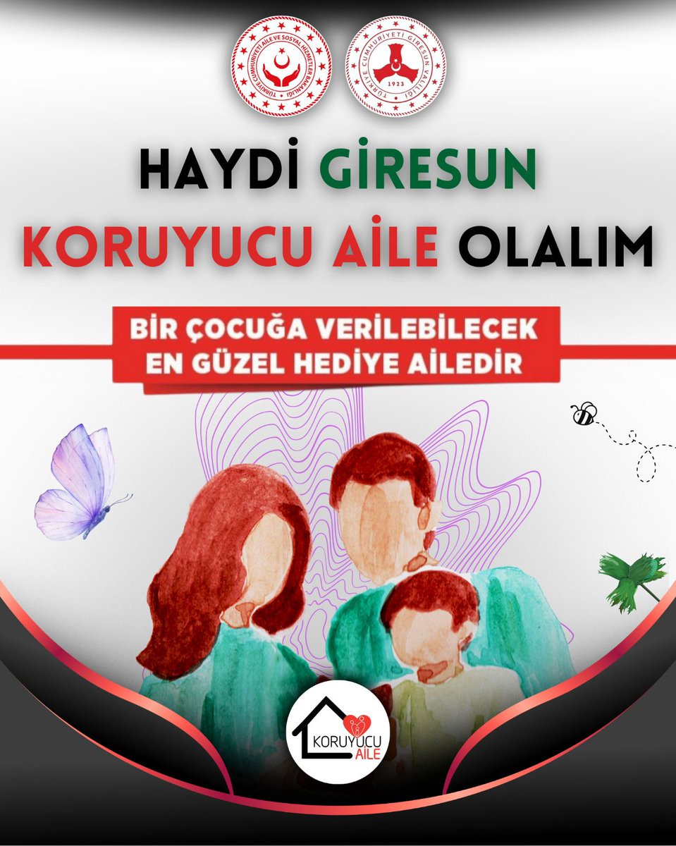 Bazen bir çocuğun en büyük dileği, sıcacık bir yuvadır. 🏡❤️ 

Giresun'da koruyucu aile olarak, bir çocuğun hayatına dokunup ona en güzel hediyeyi, yani bir aileyi verebilirsiniz. 👨‍👩‍👧‍👦 

Bu sevgi dolu yolculuğa çıkmaya ne dersiniz? 

Daha fazla bilgi almak ve bu anlamlı hayalin bir