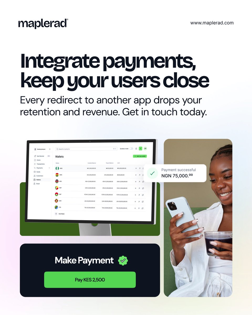 How many users have you lost just because they had to switch apps to make a payment? 🤔

With Maplerad, you don’t have to lose your customers or the revenue that comes with them.

Integrate payments directly into your product. Sign up at maplerad.com