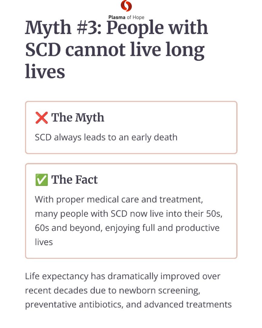 The hardest part of living with Sickle Cell isn’t just the pain, it’s the myths people believe.

At Plasma of Hope, we’re busting 8 of the biggest myths with facts that heal, empower, and unite.

Awareness ends stigma. ❤️ #SickleCellAwarenessMonth