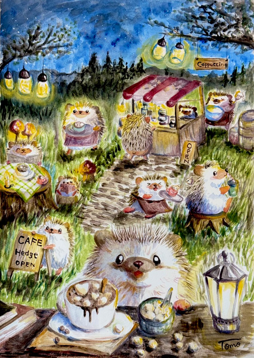 『星降るハリネズミカフェ』
月明かりの森にひっそり開店する小さなハリネズミの夜カフェ
星を眺めながらあたたかいカプチーノはいかが？
 #アクリル画
