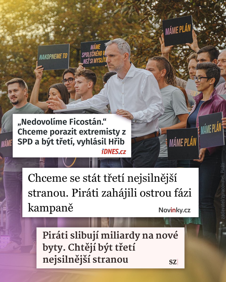 Chceme porazit extremisty a stát se třetí nejsilnější stranou! 👍🏻

Děkujeme moc za obrovskou vlnu podpory, kterou nám vyjadřujete. Protože čím silnější Piráti, tím víc dokážeme nakopnout potřebné změny pro naši zemi! 

Takže ještě jednou díky. A letos Piráti! ☺️