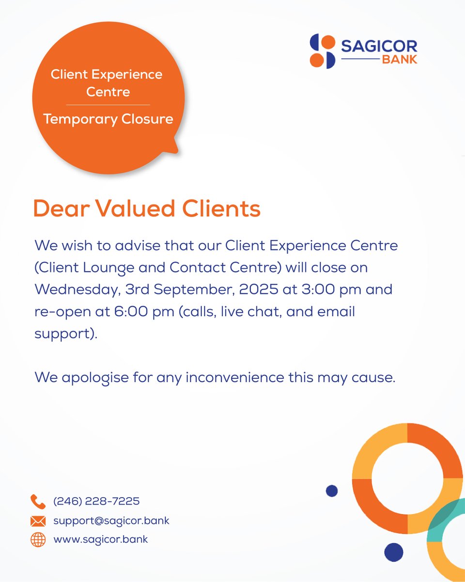 Dear Valued Clients

We wish to advise that our Client Experience Centre (Client Lounge and Contact Centre) will close on Wednesday, 3rd September, 2025 at 3:00 pm and re-open at 6:00 pm (calls, live chat, and email support).

We apologise for any inconvenience this may cause.