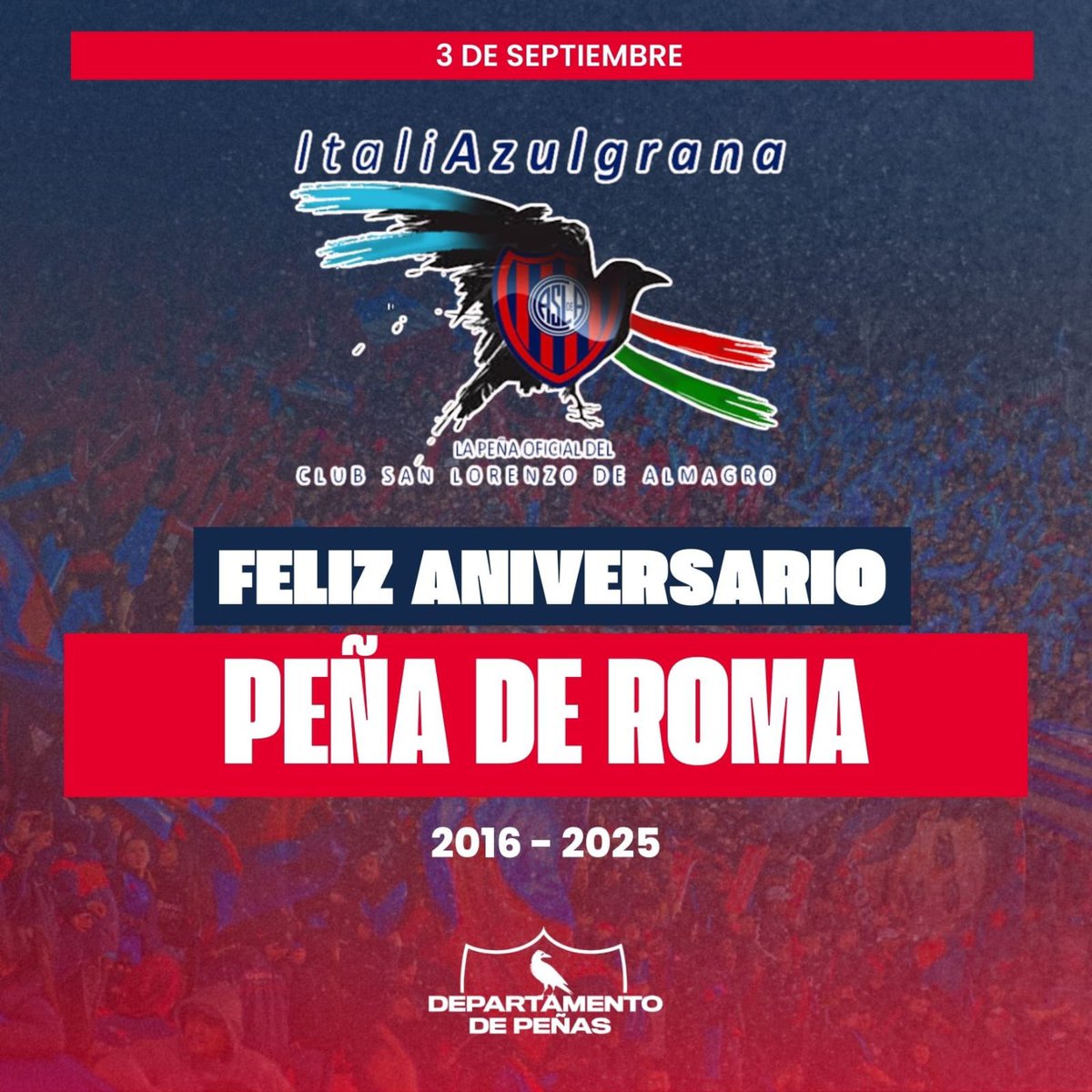 Desde el Departamento de Peñas queremos saludar y felicitar a la Peña de Roma (Italia) en su respectivo aniversario. ¡Por muchos años mas!

#MasQue90Minutos ❤💙⁣⁣⁣⁣
#SLFederal 🇦🇷⁣⁣⁣⁣
#DeBoedoAlMundo ✈️🌍
#AreaEventos