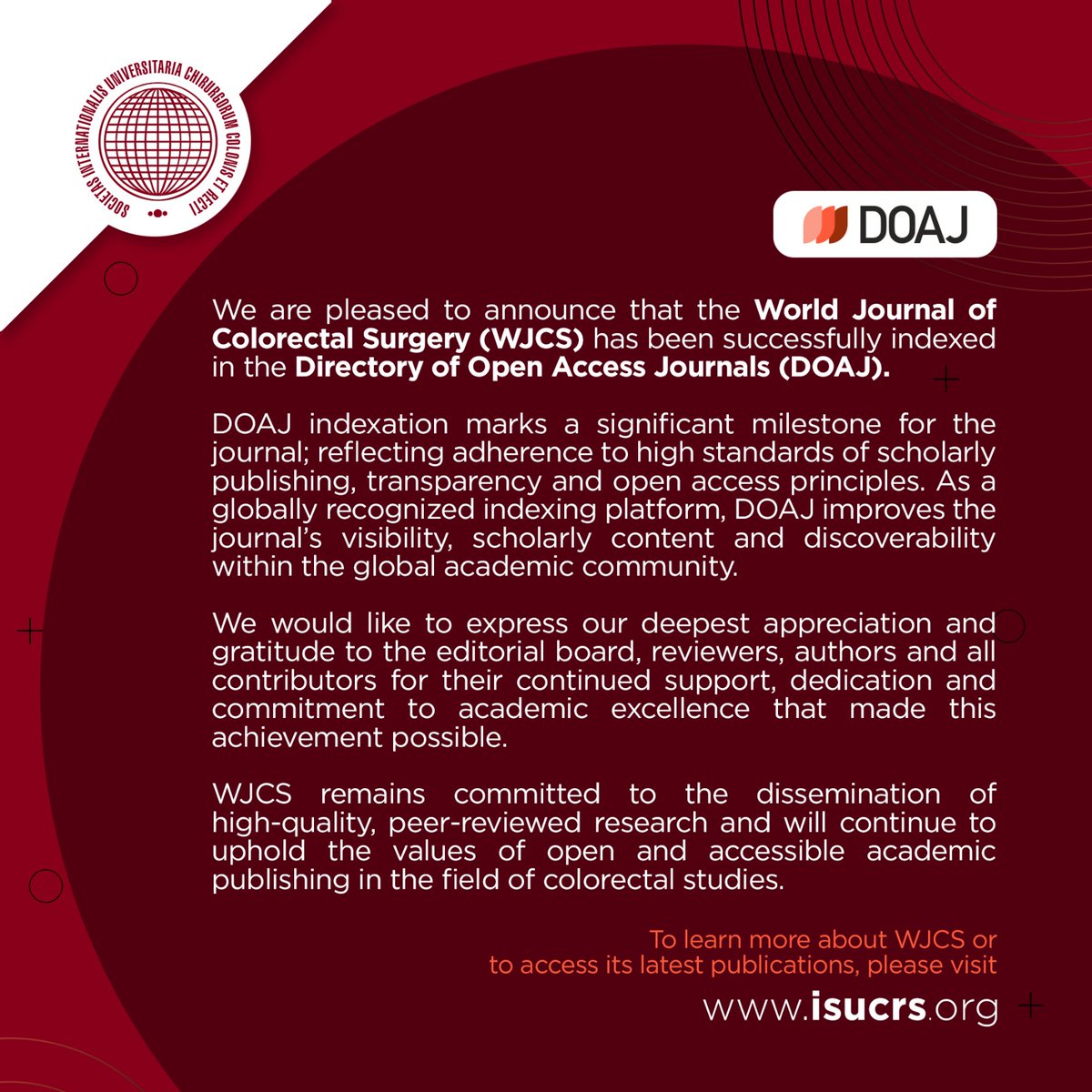 ISUCRS1's tweet photo. ✨ Proud moment for ISUCRS!
The World Journal of ISUCRS is now indexed — making research in colorectal surgery more visible and impactful worldwide. 🌍
Thank you to our community for being part of this journey!
#ISUCRS #WorldJournal #ColorectalSurgery #AcademicExcellence https://t.co/wQ3Z0OGh96