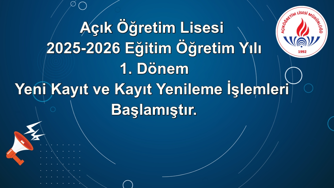 AÇIK ÖĞRETİM LİSESİ 2025-2026 EĞİTİM ÖĞRETİM YILI 1. DÖNEM YENİ KAYIT VE KAYIT YENİLEME İŞLEMLERİ BAŞLAMIŞTIR. 

Ayrıntılı bilgi ve kılavuzlar için sitemizi ziyaret ediniz.
gerzehem.meb.k12.tr/icerikler/acik…