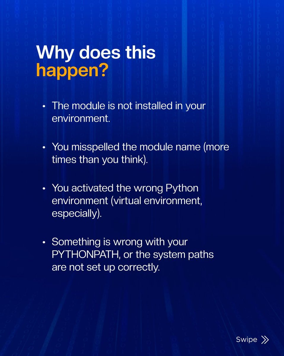 broadwayinfosys's tweet image. If you’ve worked with Python, you’ve probably bumped into the infamous &quot;ModuleNotFoundError&quot;. 
Our latest guide walks you through the causes and step-by-step fixes to get you back to coding smoothly.

Complete guide here: buff.ly/sHwaqpG

#PythonTips #BroadwayInfosys