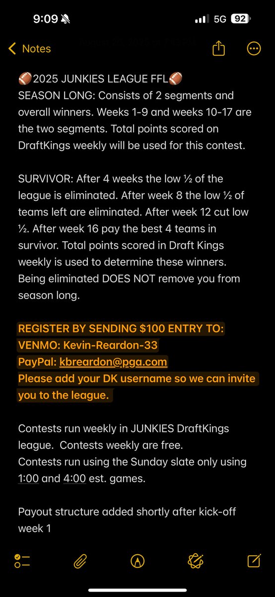 JunkiesContests's tweet photo. 🏈JUNKIES LEAGUE🏈

Ton of invites for 🏈 sent.  Almost 100% payout for golf now…Nick Hof(????) DM me @KevinsDelight for payment info.  

Don’t forget all to get in our SZN long 🏈 league…we kick-off Sunday. https://t.co/rPe7x98feL