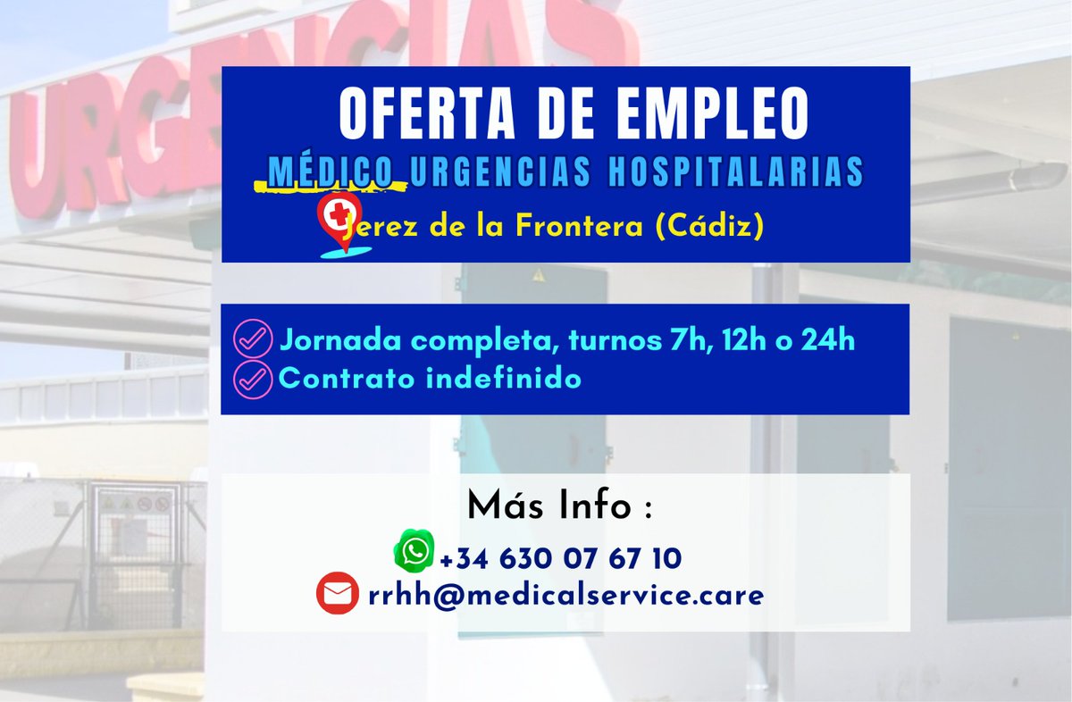 🔴OFRETA DE EMPLEO

📍Jerez de la Frontera, Cádiz
✅Contrato indefinido
✅Jornada completa
✅Título de Medicina y colegiación activa
✅Experiencia en urgencias

📢¡𝗧𝗥𝗔𝗕𝗔𝗝𝗔 𝗖𝗢𝗡 𝗡𝗢𝗦𝗢𝗧𝗥𝗢𝗦!
📞+34 630 076 710
📧medicalservice.care/trabaja-con-no…

#RRHH #medicalservicecare