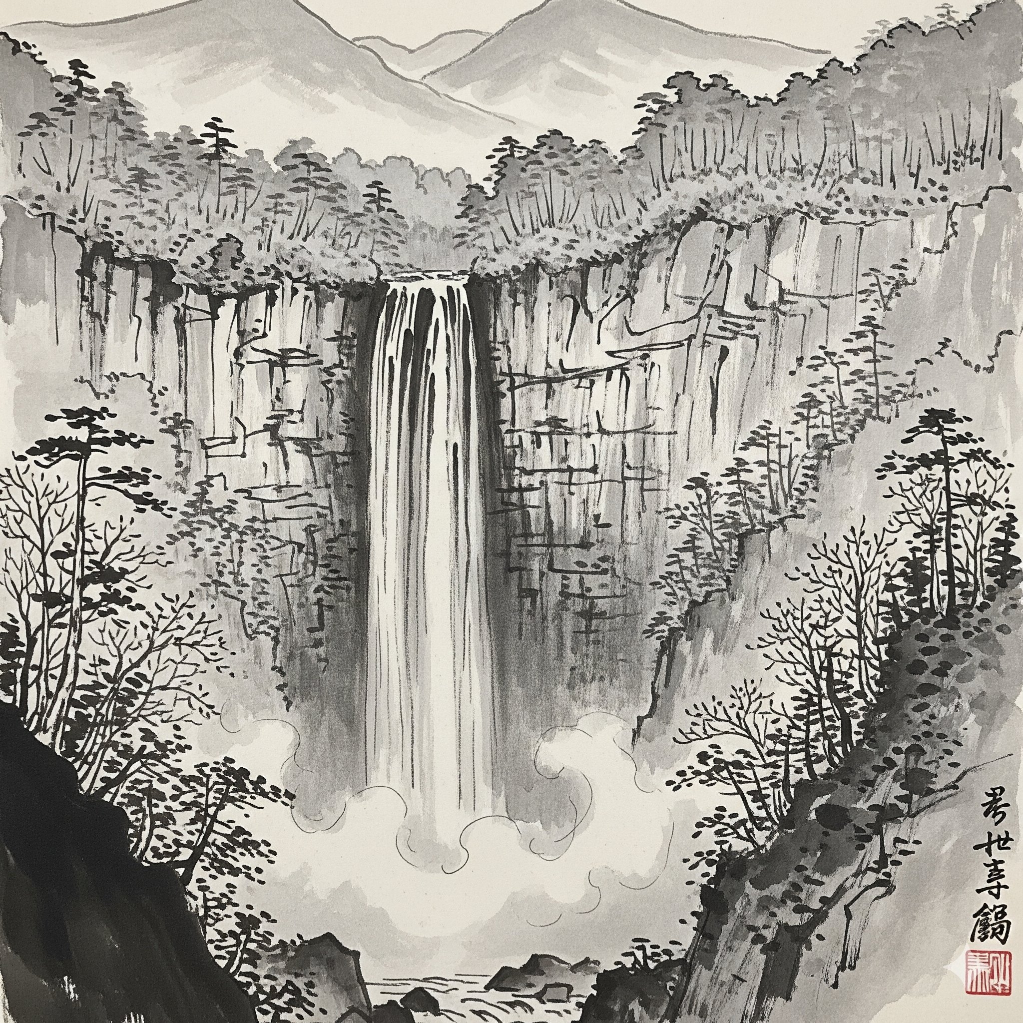 【真作】掛軸　服部五老　幽玄なる瀑布図　水墨で描く滝の絶景　瀑布の情景　R78 真作】掛軸 服部五老 幽玄なる瀑布図 水墨で描く滝の絶景 瀑布の