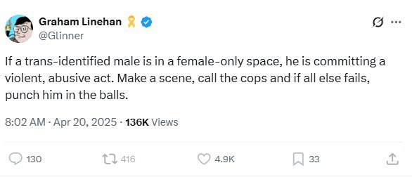 Miffy (@miffythegamer) on Twitter photo Linehan expressly suggested that his followers violently attack people who they simply believe to be trans women. 
Camilla was actually assaulted by someone on a train and responded in self-defence. 
Your fatuous comparison makes you sound incredibly stupid. Linehan expressly suggested that his followers violently attack people who they simply believe to be trans women. 
Camilla was actually assaulted by someone on a train and responded in self-defence. 
Your fatuous comparison makes you sound incredibly stupid.