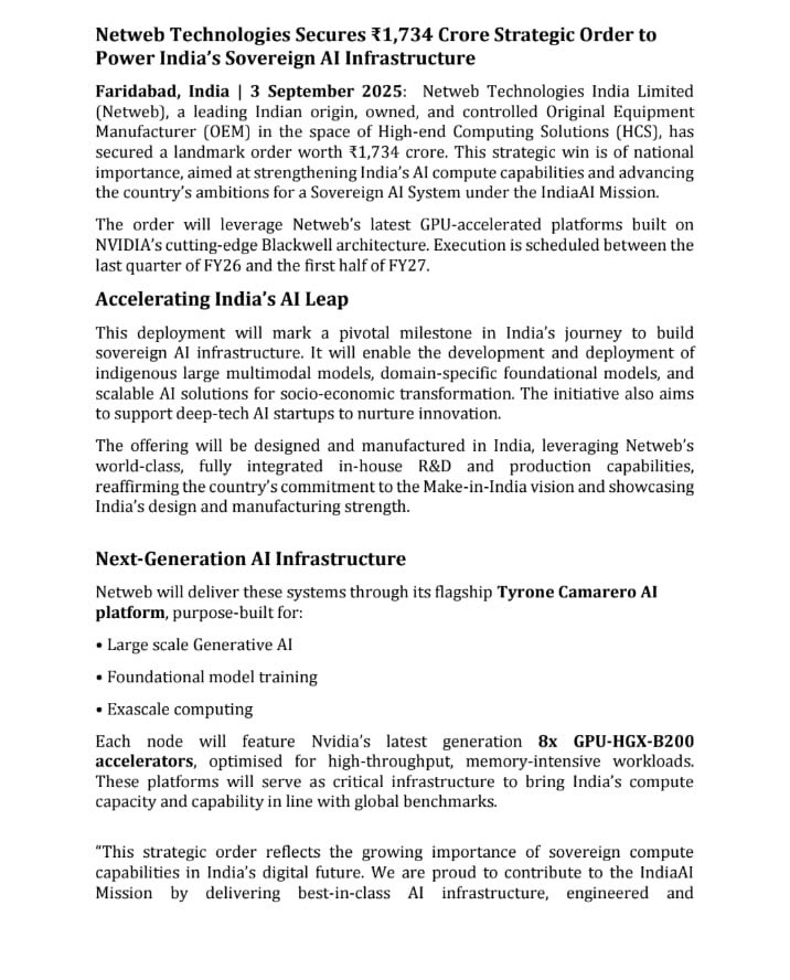 AimInvestments's tweet image. Netweb Technologies Secures Rs 1,734 Crore Strategic Order to Power India&apos;s Sovereign Al Infrastructure.