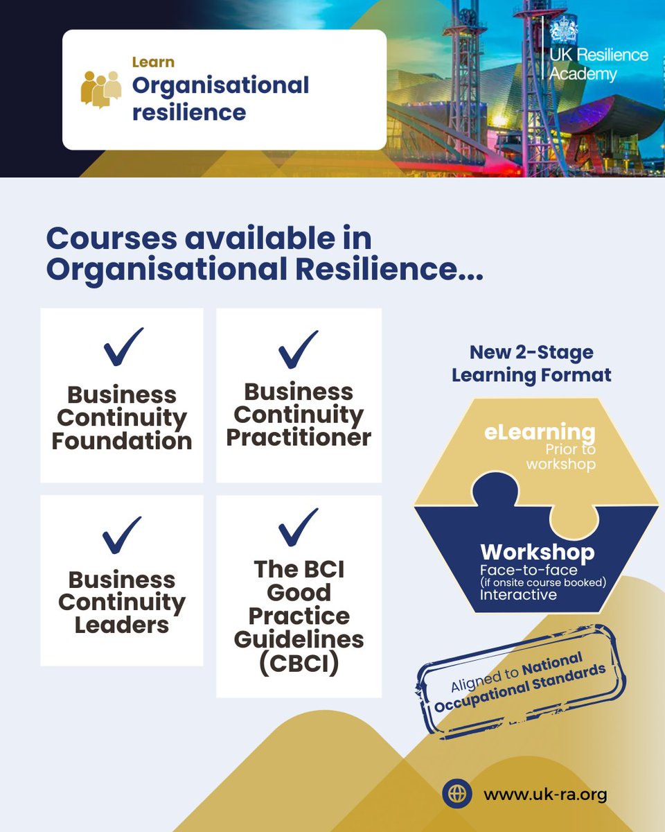 The UKRA works with organisations to provide a deep understanding of organisational resilience principles and how to apply them within their sector, ensuring alignment with relevant standard and best practice.

Find out more, see our website:
ukresilienceacademy.org/learn/organisa…

#Resilience