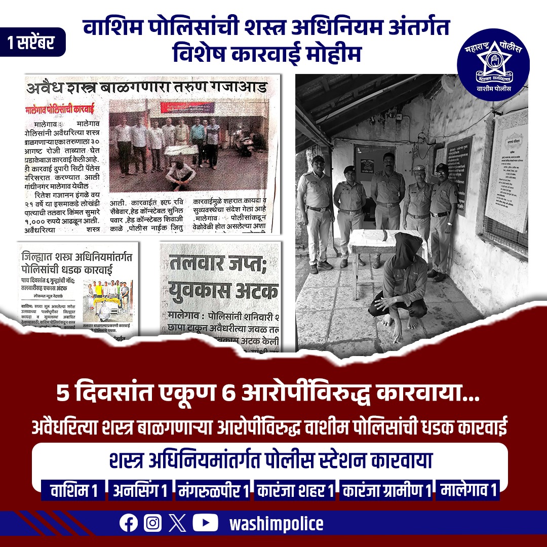 🛡️ कायद्याशी पंगा = तुरुंगाची वाट! वाशिम पोलिसांची धडाकेबाज मोहिम. 

#WashimPolice #धडाकेबाजकारवाई #शस्त्रअधिनियम #SafeWashim #MaharashtraPolice #CrimeFreeWashim #LawAndOrder #TrustThePolice #सुरक्षितसमाज