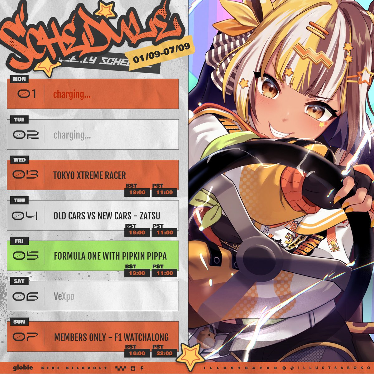 ⚡️SCHEDULE⚡️

I'm ready for another RACE WEEK 🏁

Plus, a collab with Pippa? 🐇