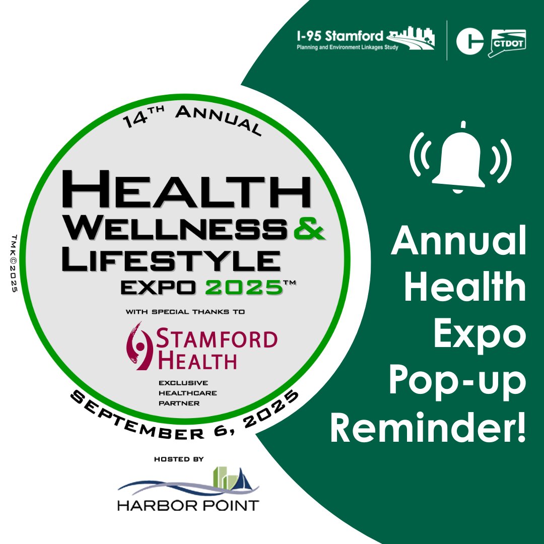 🔔 Don’t forget—the Annual Health Expo is taking place on September 6. Stop by the I-95 Stamford PEL Study table to learn what’s planned for the corridor, chat with our team, and share your ideas on transportation and accessibility in the area!

#Stamford #I95 #Connecticut #CT