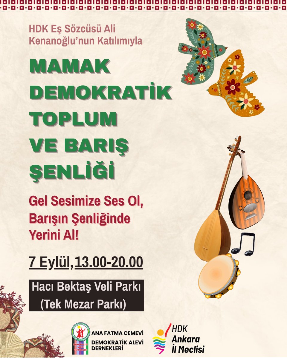 🔴 Halkların Demokratik Kongresi (HDK) Ankara - Mamak Meclisi, 7 Eylül’de “Demokratik Toplum ve Barış Şenliği” düzenleyeceğini duyurdu.

Etkinliğe HDK Eş Sözcüsü Ali Kenanoğlu da katılacak. (<a href="/alikenanoglu/">Ali Kenanoğlu</a>)