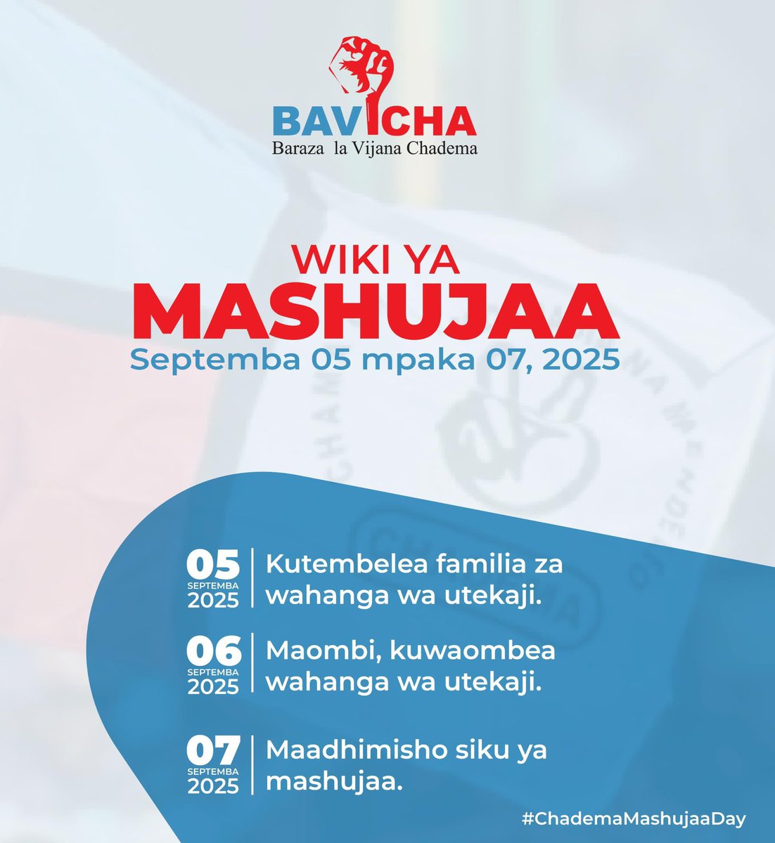 Mpaka sasa <a href="/bavicha_taifa/">Official Bavicha Taifa</a> wamefanikiwa kukusanya Shilingi 2,960,000.

Tunakuomba ushiriki Kampeni ya kuwashika mkono familia za  mashujaa wa chama chetu na waisokuwa wanachama wetu waliotekwa na kuuwawa katika kupigania haki,demokrasia na utawala bora nchini.

Namba MPESA: