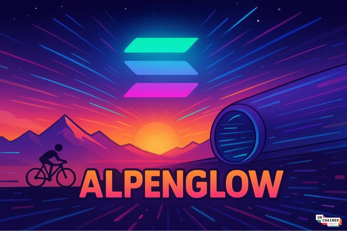 展示 Solana Alpenglow 升级的插图：未来感景观中有一名骑行者和发光的 Solana 标志