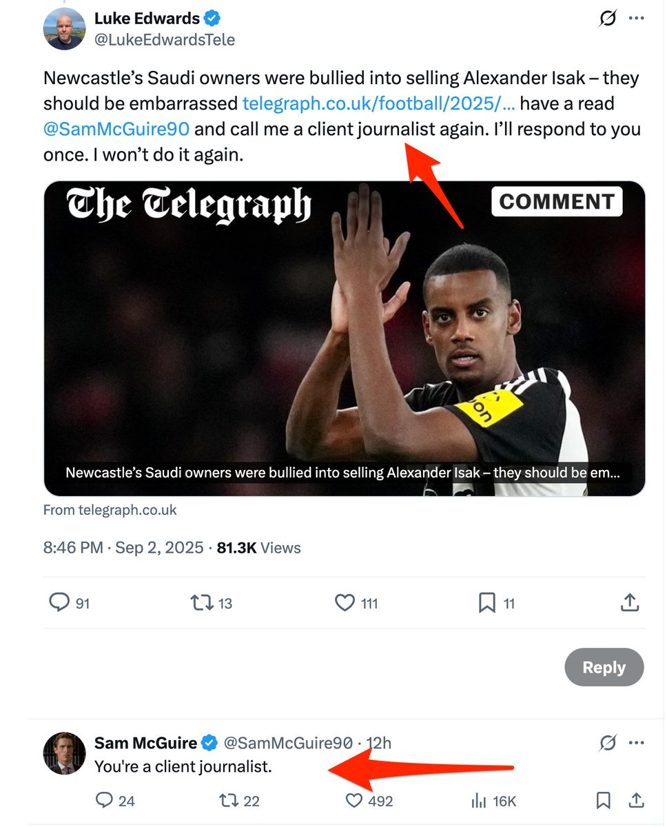 Luke Edwards: A Shameless Embarrassment to Football Journalism

Edwards didn’t just get the Isak story wrong; he ridiculed anyone who questioned him, sneered at fellow journalists and served up exactly what the #NUFC owners wanted. Now that the truth is out, he’s strutting around