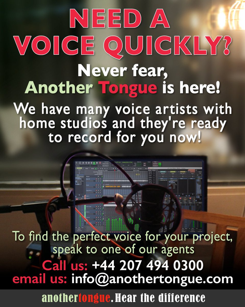 Finding the #perfect voice for your project can be hard, especially if you need it quickly! We have an #amazing roster of voice artists, many with #home #studios ready to record for you now. So no matter how quickly you need it, we’ll always find the best #voice for your project.