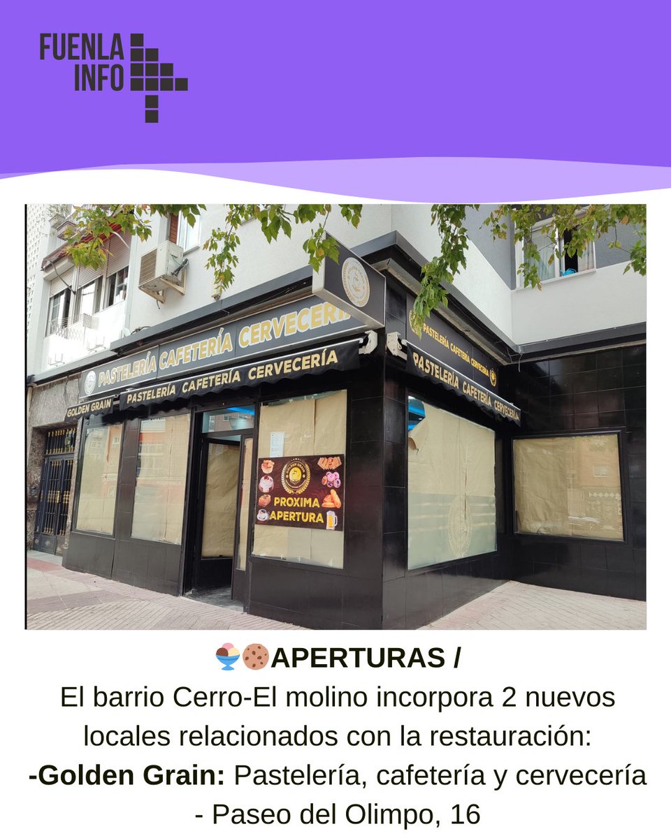 🍨🍪APERTURAS /

El barrio Cerro-El molino incorpora 2 nuevos locales relacionados con la restauración:

-Kopa Helados&amp;Krepes: Heladería, desayunos, batidos, crepes... - CC Fuenlabrada 2, local 303

-Golden Grain: Pastelería, cafetería y cervecería - Paseo del Olimpo, 16