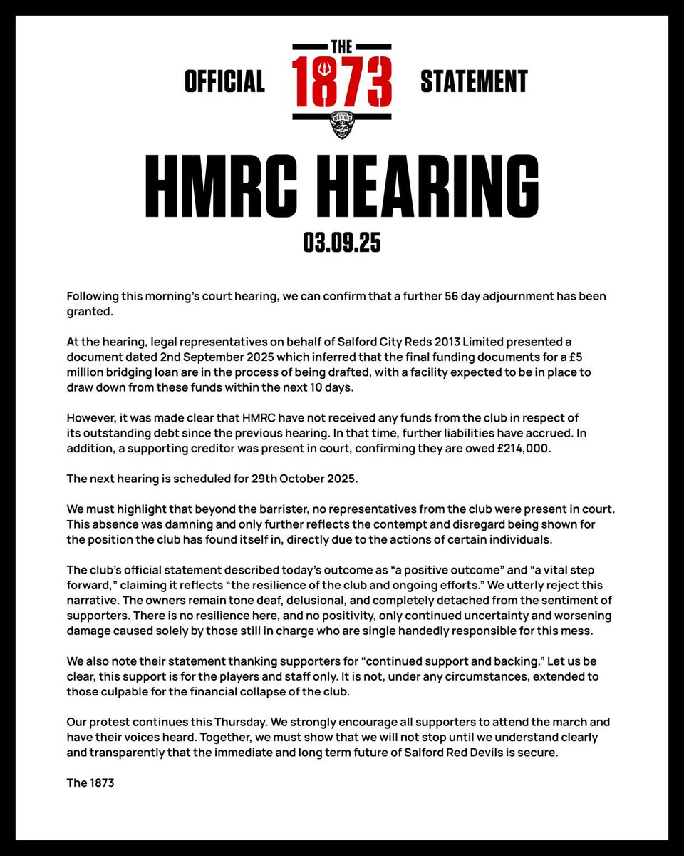 The1873_'s tweet image. Court grant another adjournment. 56 more days of uncertainty. 

No club reps in attendance, debts mount, owners call it ‘positive’ and celebrate. 

March on Thursday and make your voice heard. 

The fight goes on. 

The 1873