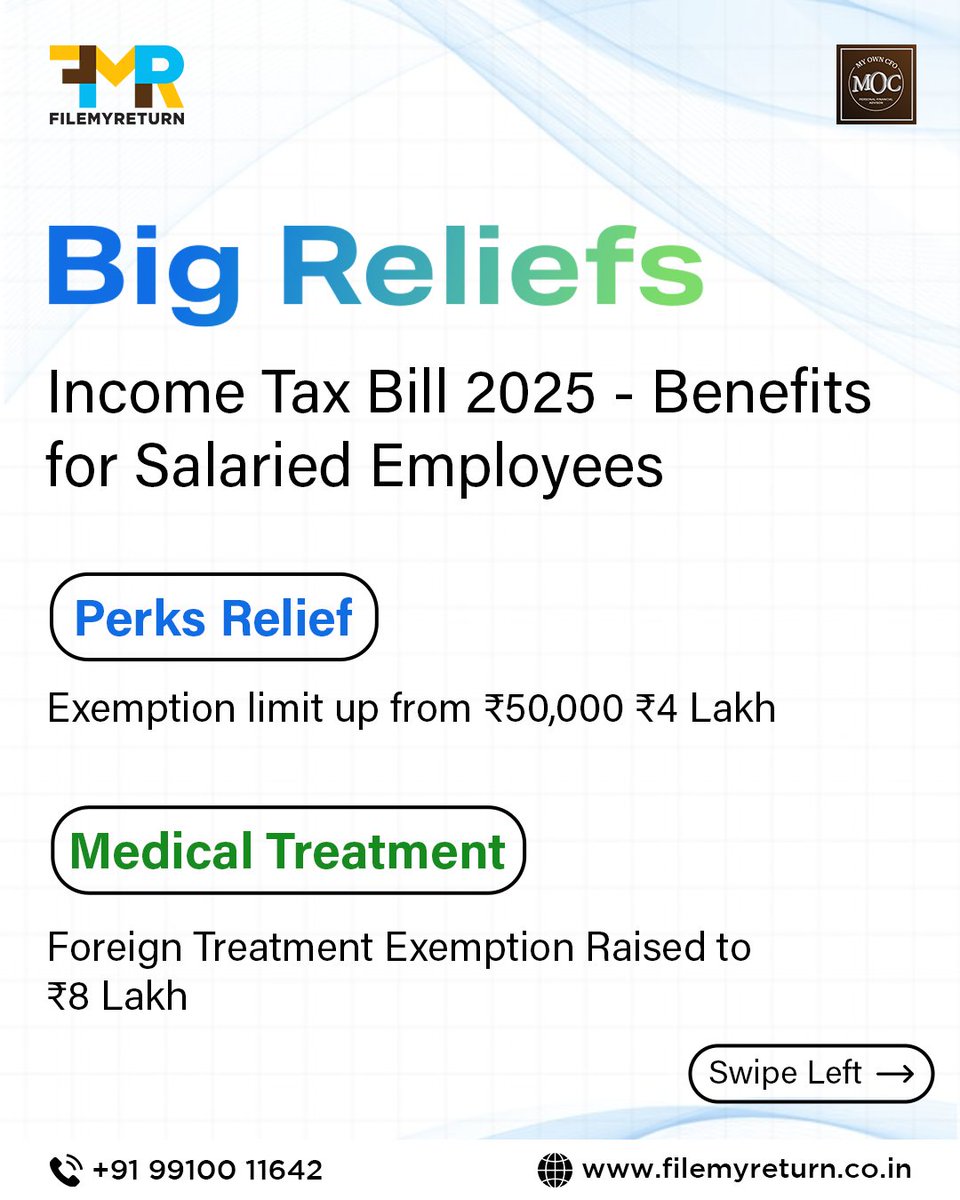 Filemyreturn2's tweet image. 💼✨ Big Reliefs for Salaried Employees in 2025!
From TDS Refunds to Tax-Free Pension Contributions, and higher Exemptions on Perks &amp;amp; Medical Treatments — the new Income Tax Bill 2025 brings you major benefits.

 #IncomeTaxBill #SalariedBenefits #filemyreturn #myowncfo