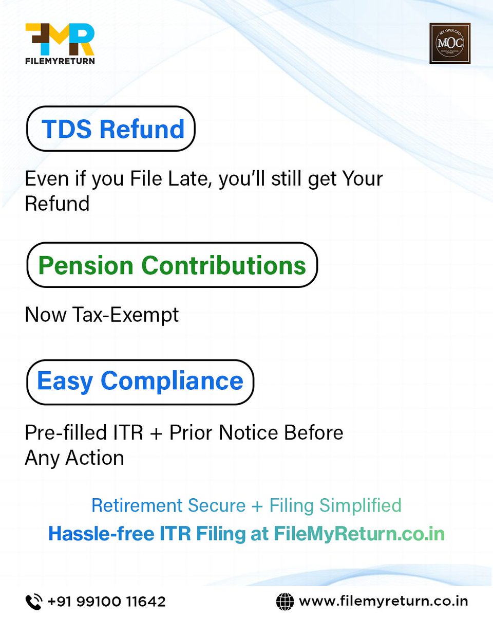 Filemyreturn2's tweet image. 💼✨ Big Reliefs for Salaried Employees in 2025!
From TDS Refunds to Tax-Free Pension Contributions, and higher Exemptions on Perks &amp;amp; Medical Treatments — the new Income Tax Bill 2025 brings you major benefits.

 #IncomeTaxBill #SalariedBenefits #filemyreturn #myowncfo