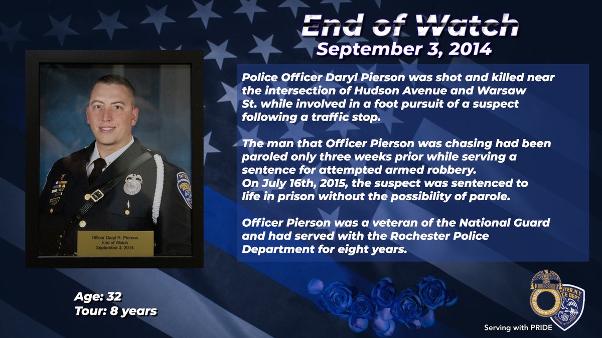 RochesterNYPD's tweet image. Today, we honor fallen Officer Daryl Pierson.  Officer Pierson served with courage and integrity, protecting our community with unwavering commitment. His legacy lives on in the lives he touched.
We will never forget your service. Rest in peace.