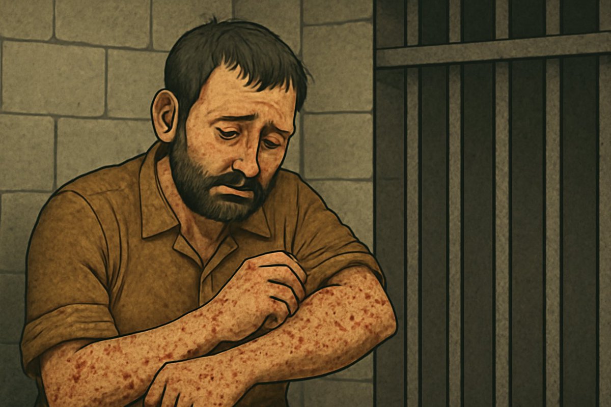 PalPrisonersA's tweet photo. 📢 The Palestinian Center for Prisoners Advocacy stated:

📍Scabies is rapidly spreading among Palestinian detainees in Israeli prisons.
📍These prisons lack basic human living conditions, with prisoners being denied access to showers, water, and hygiene products.
📍 Prisoners are forced to wear dirty or wet clothes and are not allowed haircuts or shaving.
📍 These actions are part of a systematic policy of medical neglect aimed at breaking their spirit and humanity.
📍 Over 10,000 prisoners are suffering, and the world faces an ethical test in confronting this growing crisis.

‼️ The Palestinian Center calls on the WHO, Doctors Without Borders, and the Red Cross to intervene immediately.