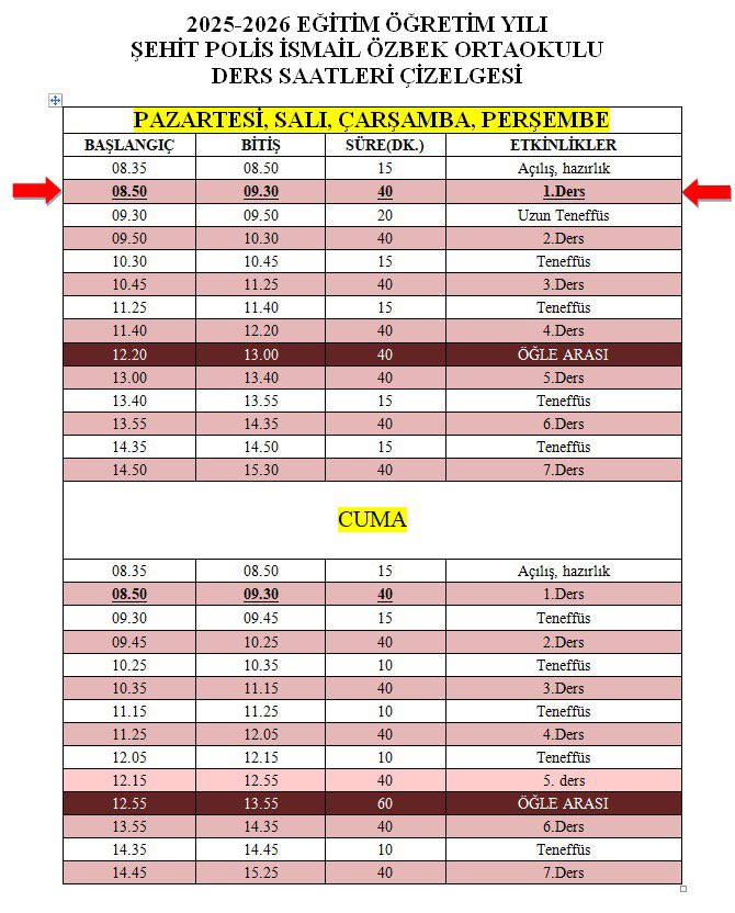 2025-2026 Eğitim Öğretim Yılı Ders Saatleri Çizelgesi⬇️