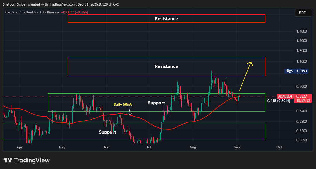 $ADA Daily Chart🚨

The price of CARDANO has found support at a key level, which is providing an opportunity to enter a long spot trade👇

Entry – Enter a long spot trade at around $0.80
1st TP - $0.98 - $1.14 (23% - 43%)
2nd TP - $1.50 - $1.60 (88% - 100%)
SL – Just below $0.74