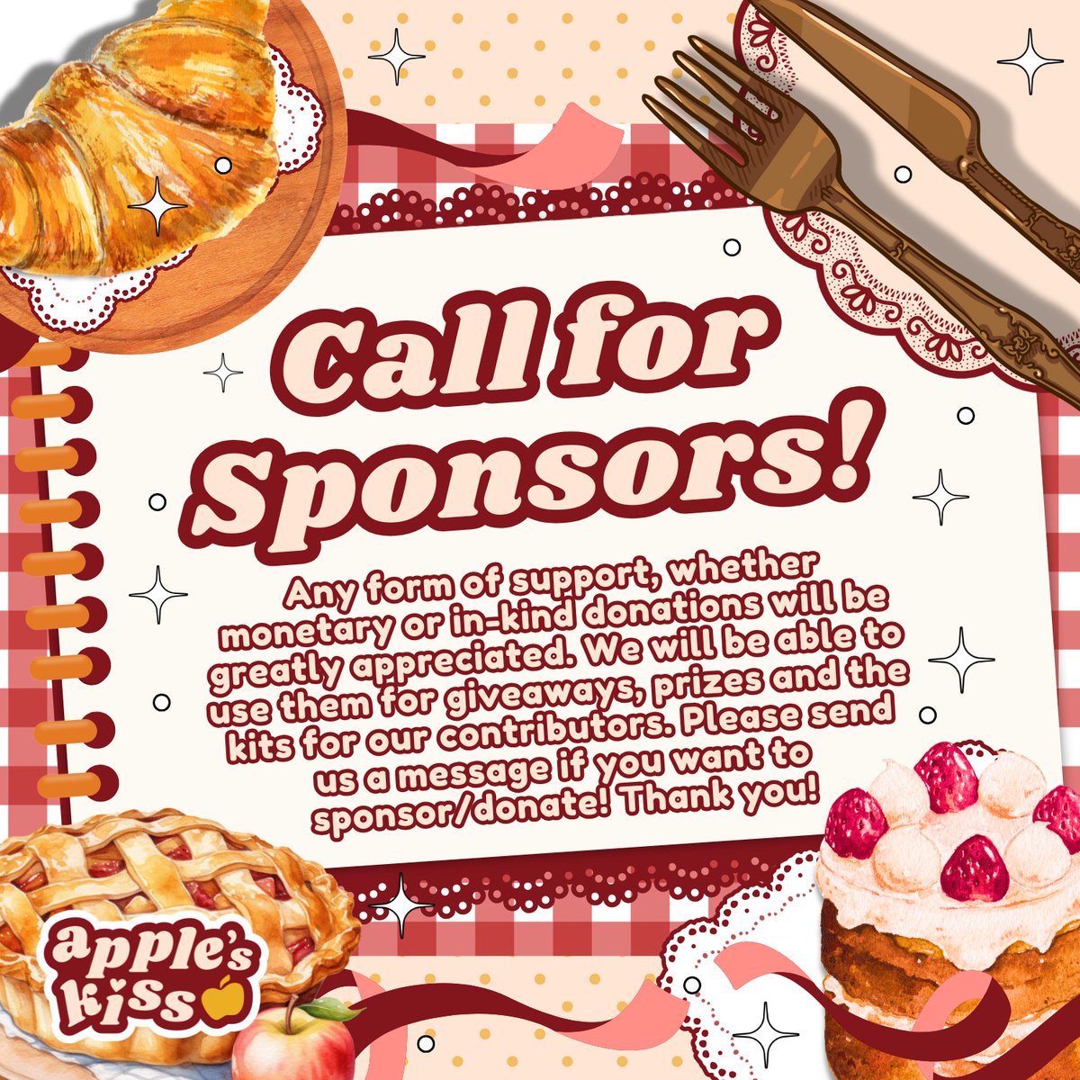 CALL FOR SPONSOR ✨📣

Big or small, every sprinkle of your kindness makes KenHina’s heart melt! We’d be super grateful for your sweet support! 

#KenHina #KenHinaCSE #ApplesKiss