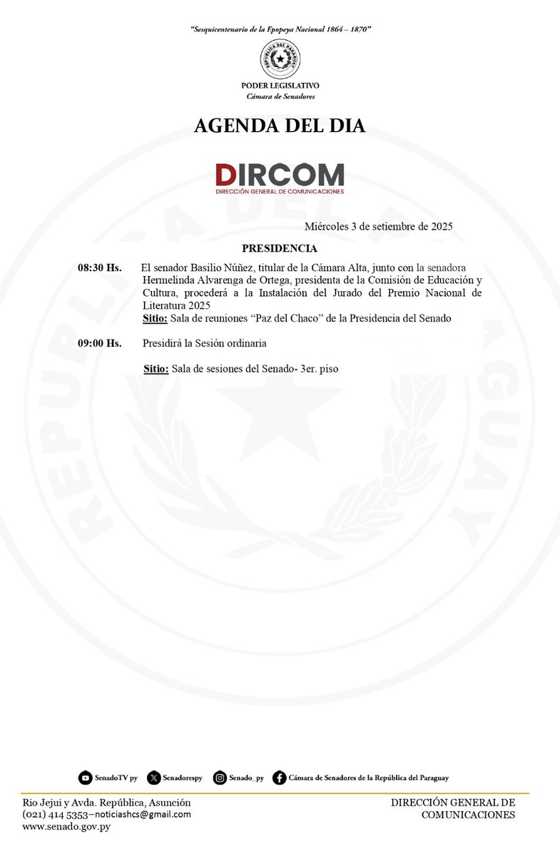 La Cámara de Senadores, en la jornada de hoy registra estas actividades en su agenda.

__
🗓️Miércoles 03 Septiembre| #AgendaSenado <a href="/SenadoresPy/">SenadoPy</a> <a href="/senadotvpy/">senadotvpy</a>