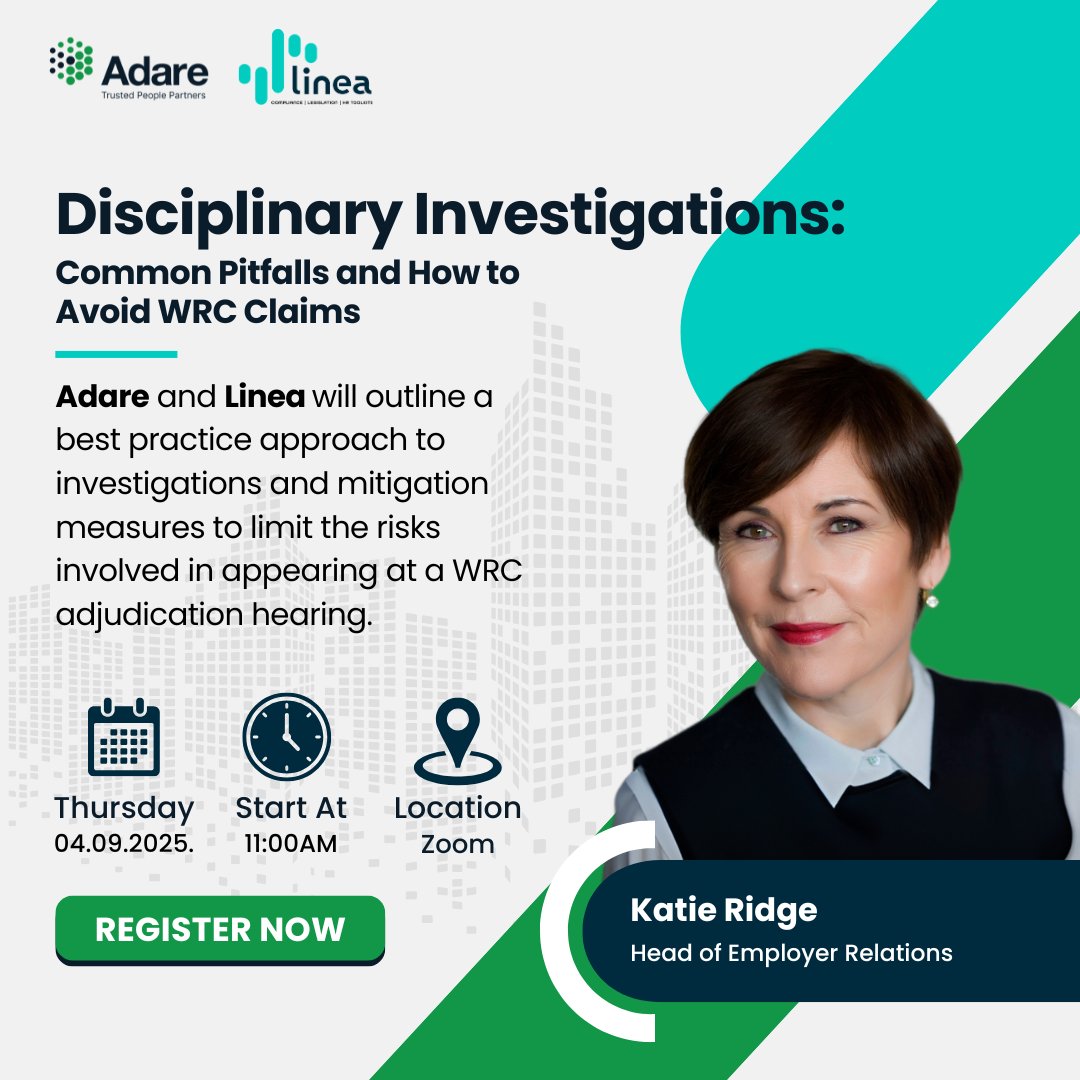 The <a href="/AdareTPP/">Adare Trusted People Partners</a> and Linea webinar on "Disciplinary Investigations: Common Pitfalls and How to Avoid WRC Claims" is happening tomorrow!

Register Now: adarehrm.ie/events-webinar…

Gain valuable insights into a consistent and compliant approach to workplace disciplinary investigations.