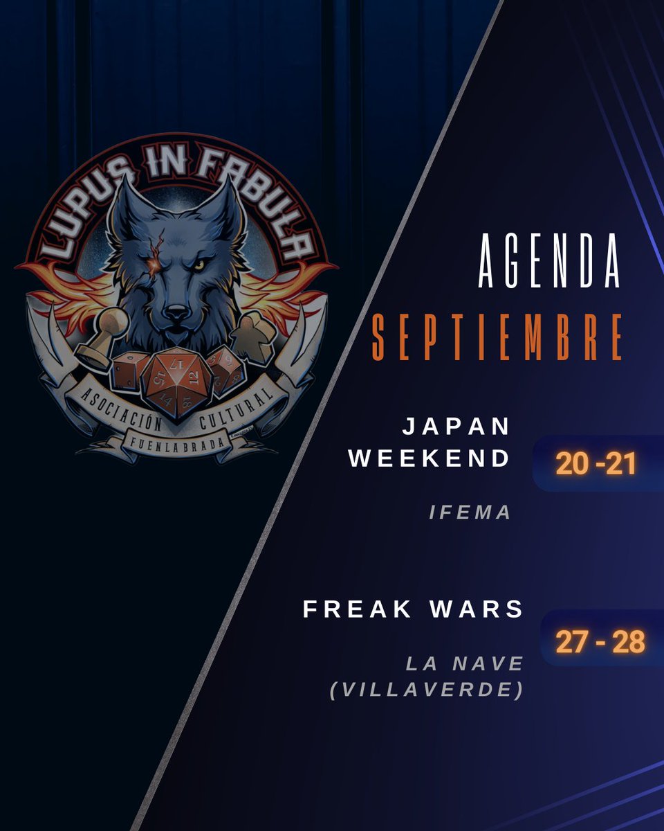 ¡Septiembre viene lleno de #eventos que no os podéis perder!

Este mes podréis encontrarnos en:

🎌 Japan Weekend, en IFEMA, los días 20 y 21.

⚔️ Freak Wars, en La nave (Villaverde), los días 27 y 28.

¡Os esperamos! 🐺

¿Tenéis ya vuestras entradas?

#juegosdemesa #boardgames