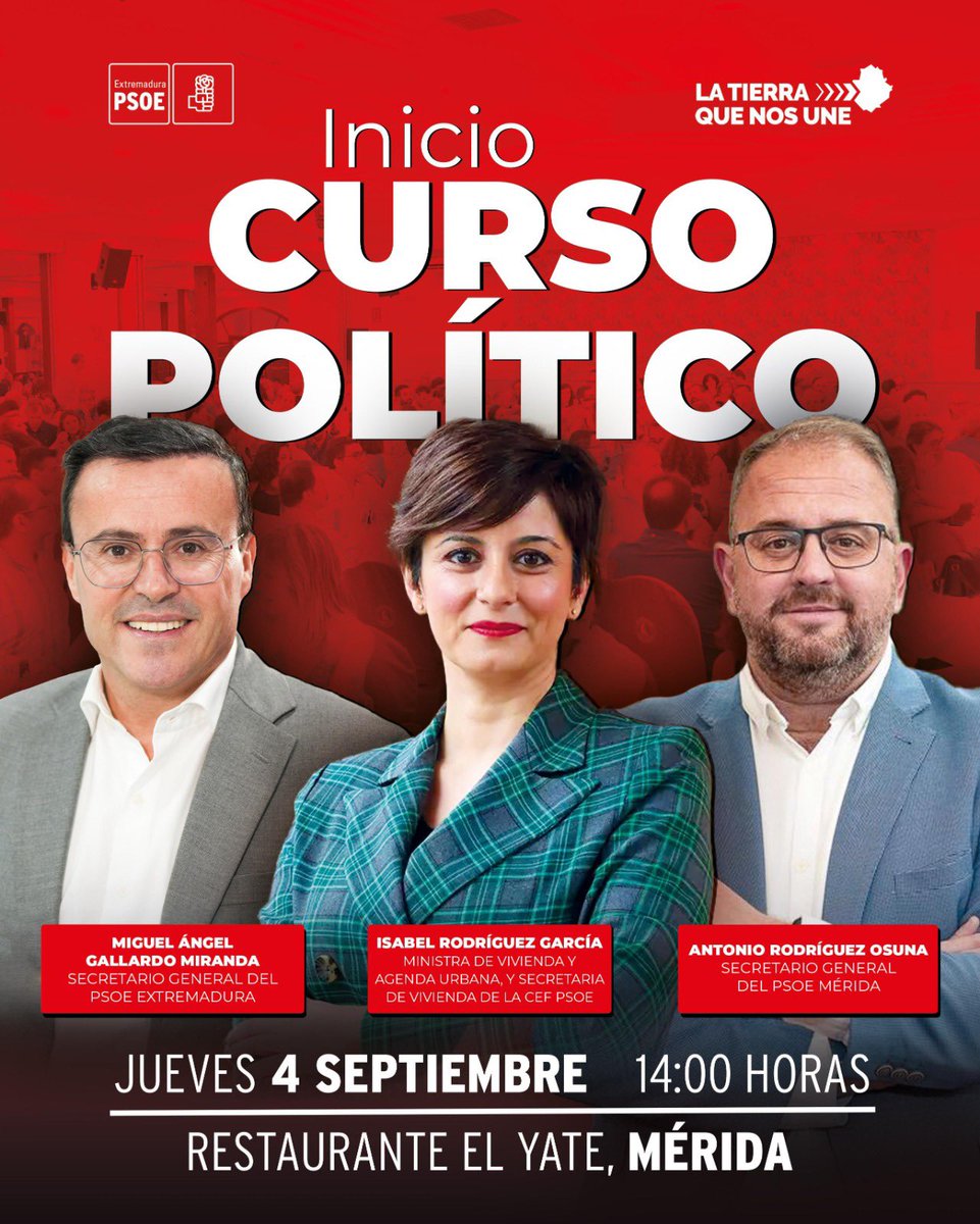 🗞️ “Gallardo, Osuna y la ministra de Vivienda inauguran mañana el curso político en Extremadura”

ℹ️➕ Más información en: psoeextremadura.com/gallardo-y-la-…

#LaTierraQueNosUne/❤️