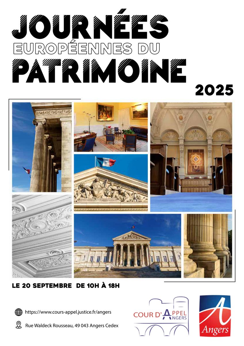 Venez découvrir le 🏛️ palais de justice d'#Angers le samedi 20/09 à l'occasion des #JEP . Au programme : visites guidées, procès fictifs, conférence sur l'histoire du palais de justice et jeu d'énigmes. Pour plus d'infos : cours-appel.justice.fr/angers/journee…
