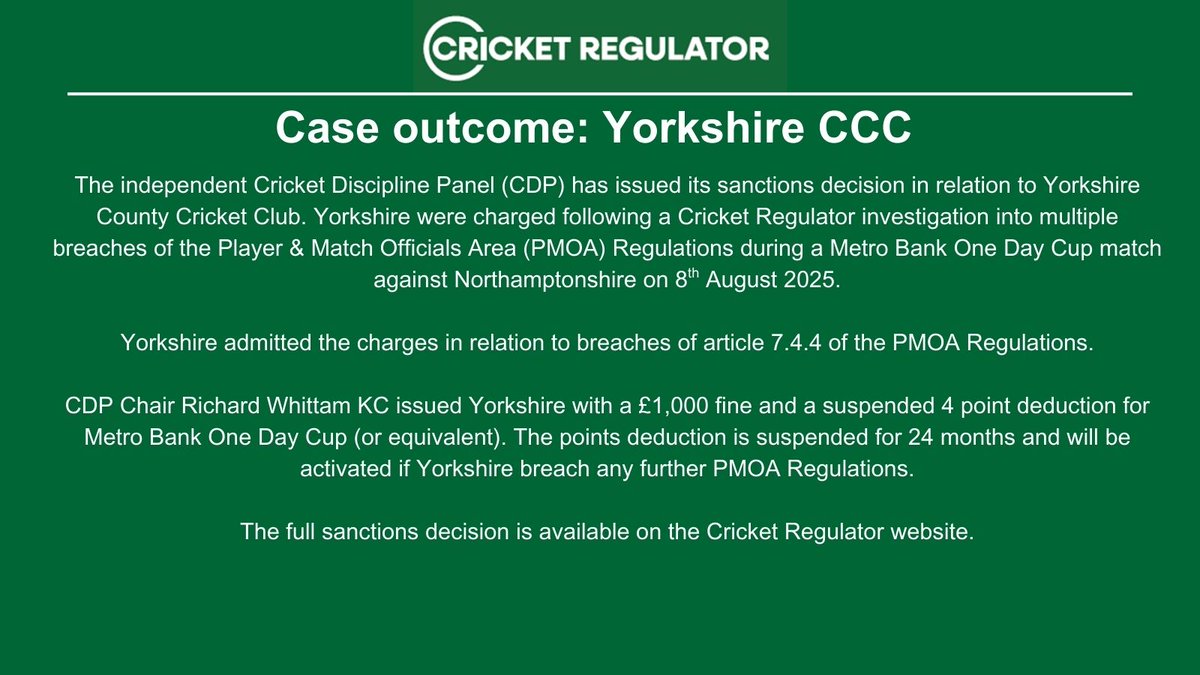 Case outcome: Yorkshire CCC

cricketregulator.co.uk/news/4355913