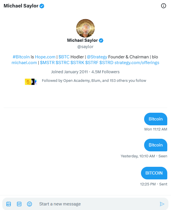 TrustWallet's tweet image. Day 3 of messaging Michael Saylor "Bitcoin" until he responds