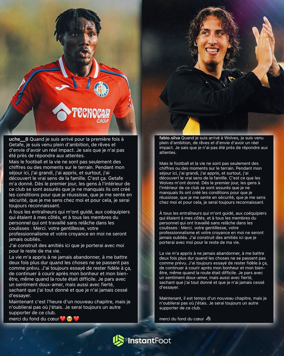 Christantus Uche et Fabio Silva ont tous les deux quitté leur club cet été. 👋

Les deux joueurs ont posté un message d'adieu sur Instagram, mais il semblerait que ce soit... le même texte. 😭