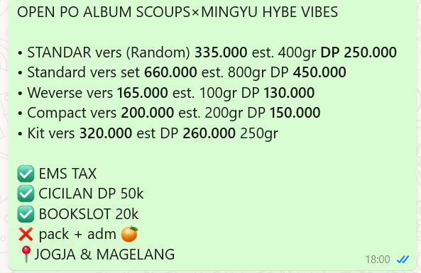 borapink14's tweet photo. OPEN PO ALBUM SCOUPS×MINGYU 1st ALBUM

• STANDAR 335k (400gr) DP 250k
• Standard set 660k (800gr) DP 450k
• Weverse 165k (100gr) DP 130k
• Compact 200k (200gr) DP 150k
• Kit 320k (250gr) DP 260

✅ EMS TAX
✅ CICILAN DP 50k
✅BOOKSLOT 20k
❌ pack + adm 🍊
📍JOGJA &amp; MAGELANG https://t.co/0efhbqw0jG