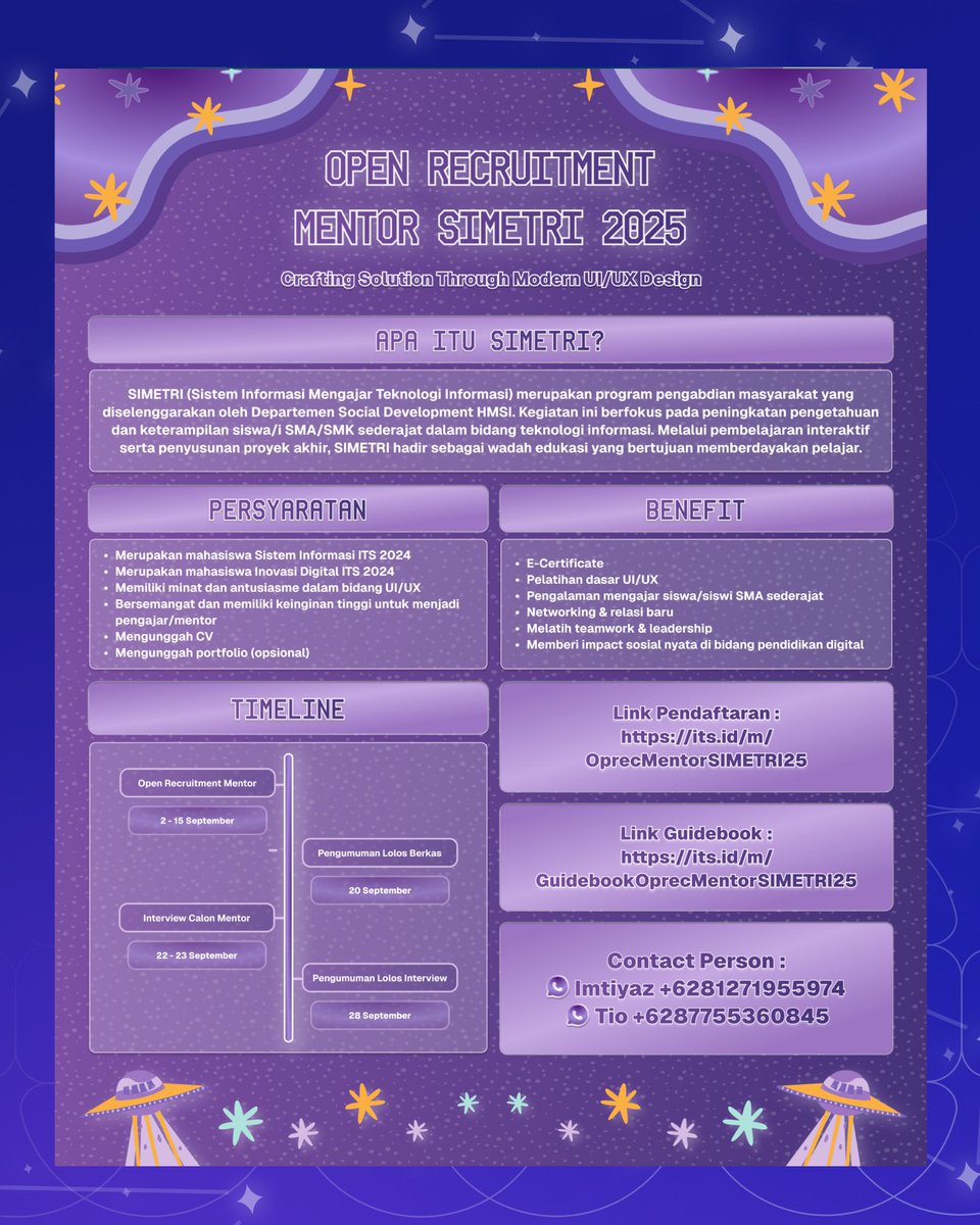 [OPEN RECRUITMENT MENTOR SIMETRI 2025]

Memiliki pengalaman design UI/UX atau ingin menambah pengalaman kamu? Tertarik mengikuti kegiatan sosial?🤔

🔗Guidebook: its.id/m/GuidebookOpr… 

🔗Yuk,daftar! its.id/m/OprecMentorS…

CP 
Imtiyaz : +6281271955974
Tio : +6287755360845