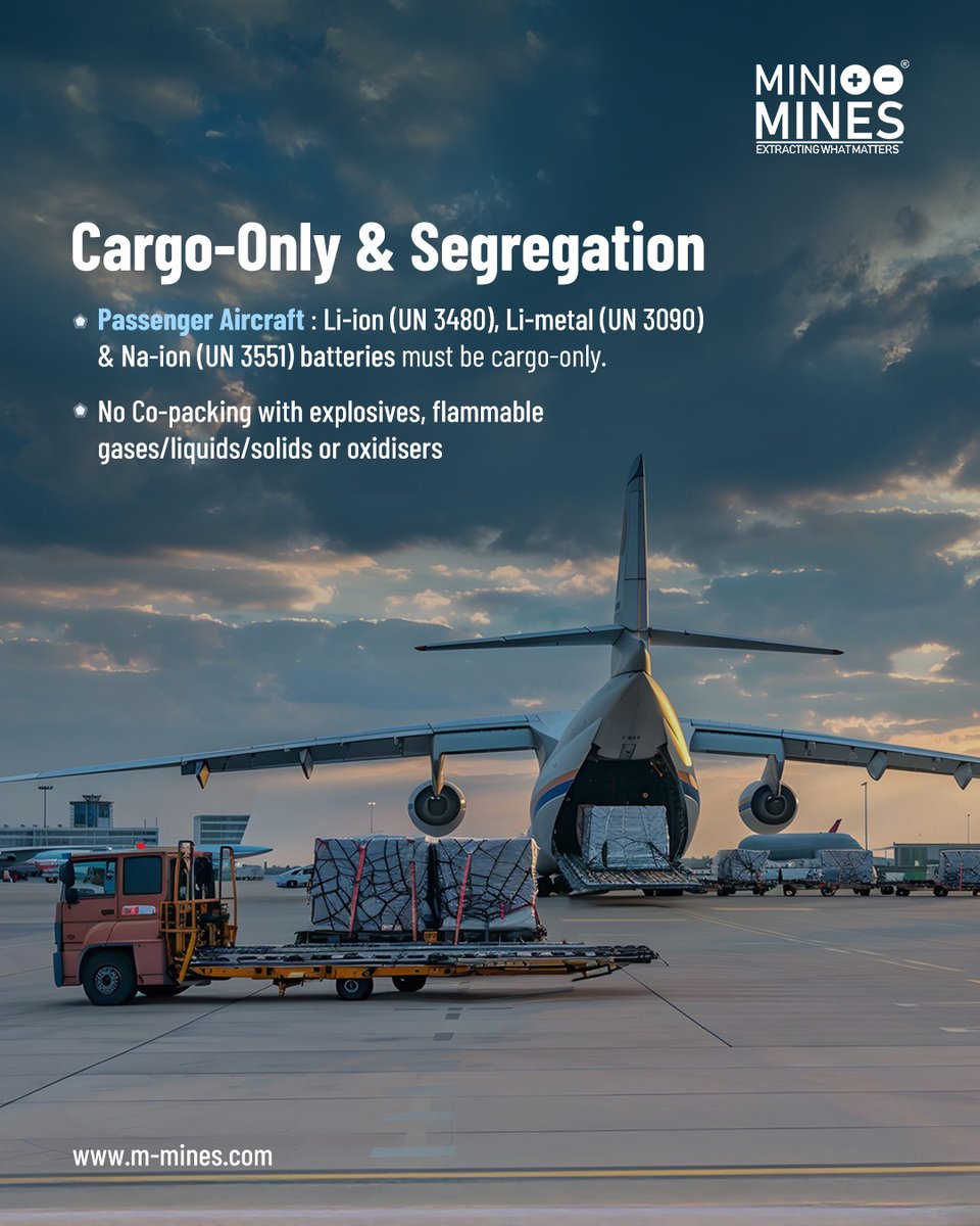 New 2025 air-transport rules for Li-ion &amp; sodium-ion batteries: ≤30% SoC, cargo-only, strict segregation. Stay compliant with MiniMines’ Aviation Audits.
.
.
#BatteryLogistics #AviationCompliance #EVSupplyChain #BatteryTransport #LithiumIonSafety #DangerousGoods #GreenLogistics