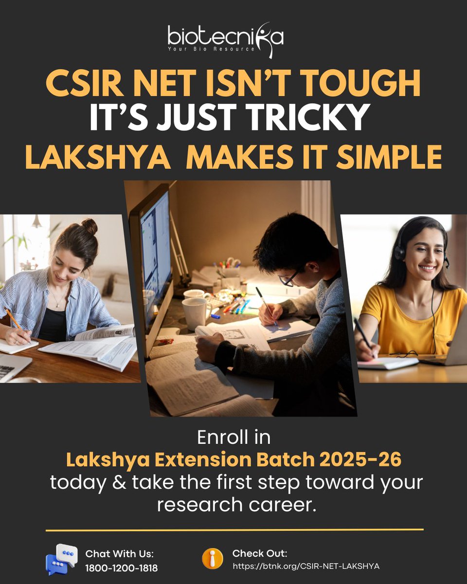 biotecnika's tweet image. 🚀 Crack CSIR NET with Confidence!
📅 New Batch Starts: 08th Sept 2025

🎯 Join the CSIR NET Lakshya Extension Batch and learn from experts with decades of experience

👉 Enroll here: btnk.org/CSIR-NET-LAKSH…

💬 Talk to an expert: btnk.org/Chat-With-CSIR…

#CSIRNET2025