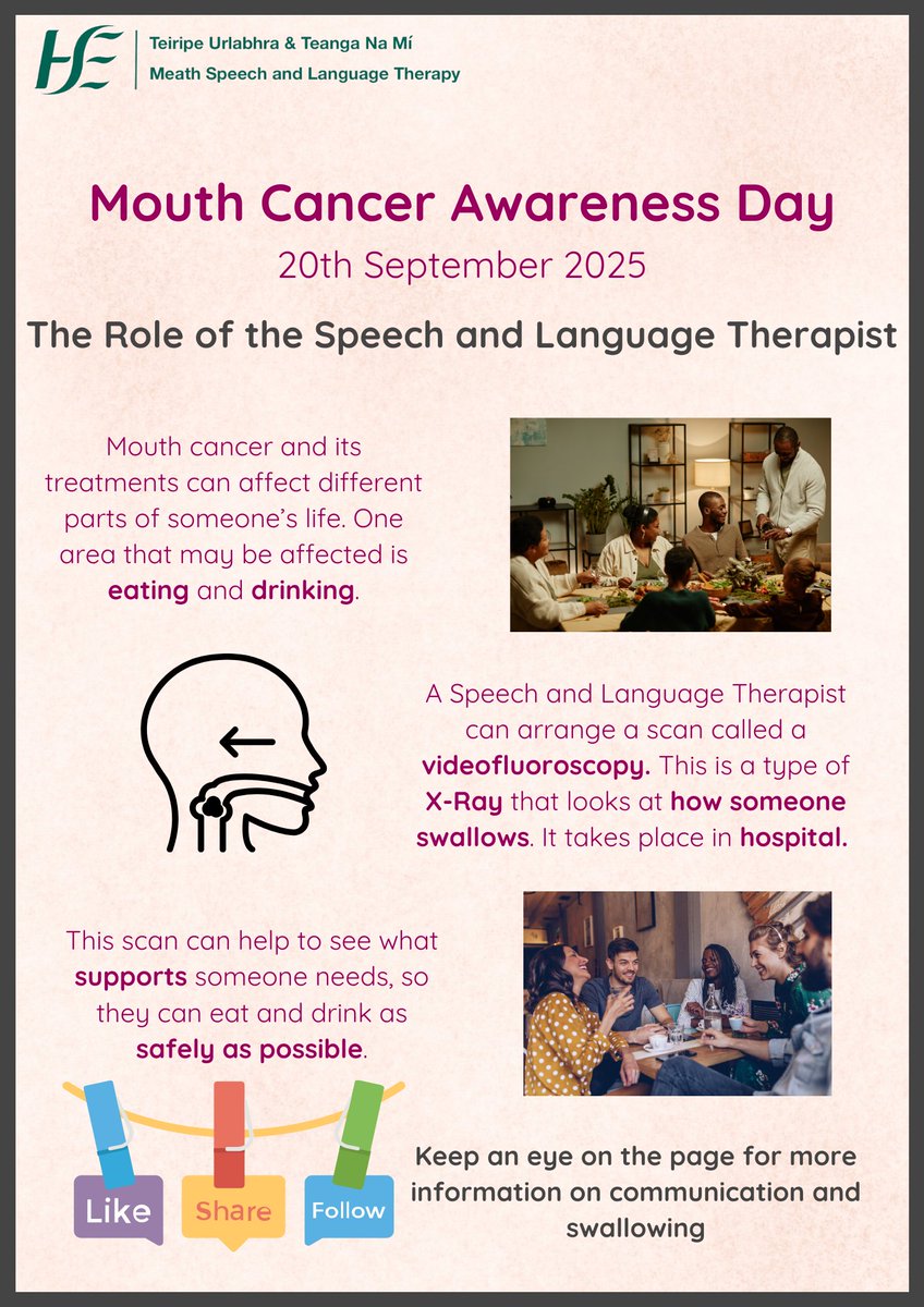 Meath HSE Speech and Language Therapy (@meathslt) on Twitter photo This Saturday is #MouthCancerAwarenessDay.
A #SpeechAndLanguageTherapist may be able to help if eating and drinking are affected.
<a href="/IrishCancerSoc/">Irish Cancer Society</a>
#MouthCancer #SLT #SLP #SwallowSafety #Dysphagia #OralCancer #Cancer #MeathSLT This Saturday is #MouthCancerAwarenessDay.
A #SpeechAndLanguageTherapist may be able to help if eating and drinking are affected.
<a href="/IrishCancerSoc/">Irish Cancer Society</a>
#MouthCancer #SLT #SLP #SwallowSafety #Dysphagia #OralCancer #Cancer #MeathSLT