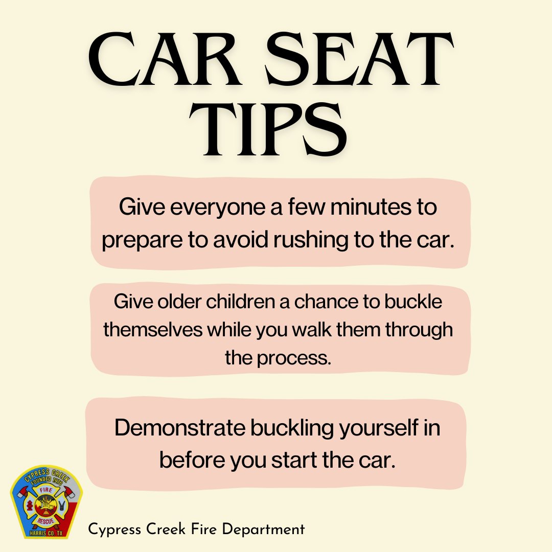 cypresscreekfd's tweet image. 🚗👶 Car Seat Safety Reminder! 👶🚗

✅ Use the right seat for your child’s age &amp;amp; size
✅ Keep harness straps snug &amp;amp; chest clip at armpit level
✅ Rear-face as long as possible for max safety

Buckle up every ride, every time! 🚘 #CarSeatSafety #CCFD